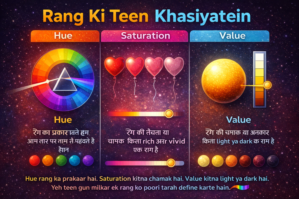 Ek colorful educational infographic jisme “Hue, Saturation, Value” ke teen sections dikhaye gaye hain—left side par color wheel (Hue), beech mein different intensity wale heart shapes (Saturation), aur right side par light-to-dark gradient sphere (Value) ke saath sliders aur examples diye gaye hain.