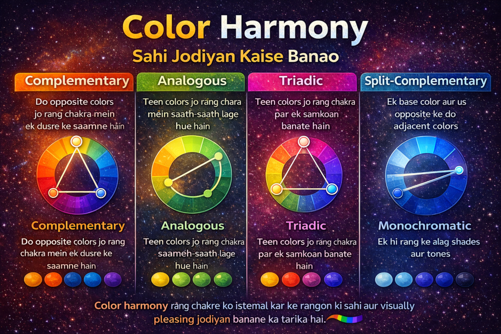 Ek colorful infographic jisme “Color Harmony” ke different types—Complementary, Analogous, Triadic, Split-Complementary aur Monochromatic—color wheels aur palettes ke saath visually explain kiye gaye hain.