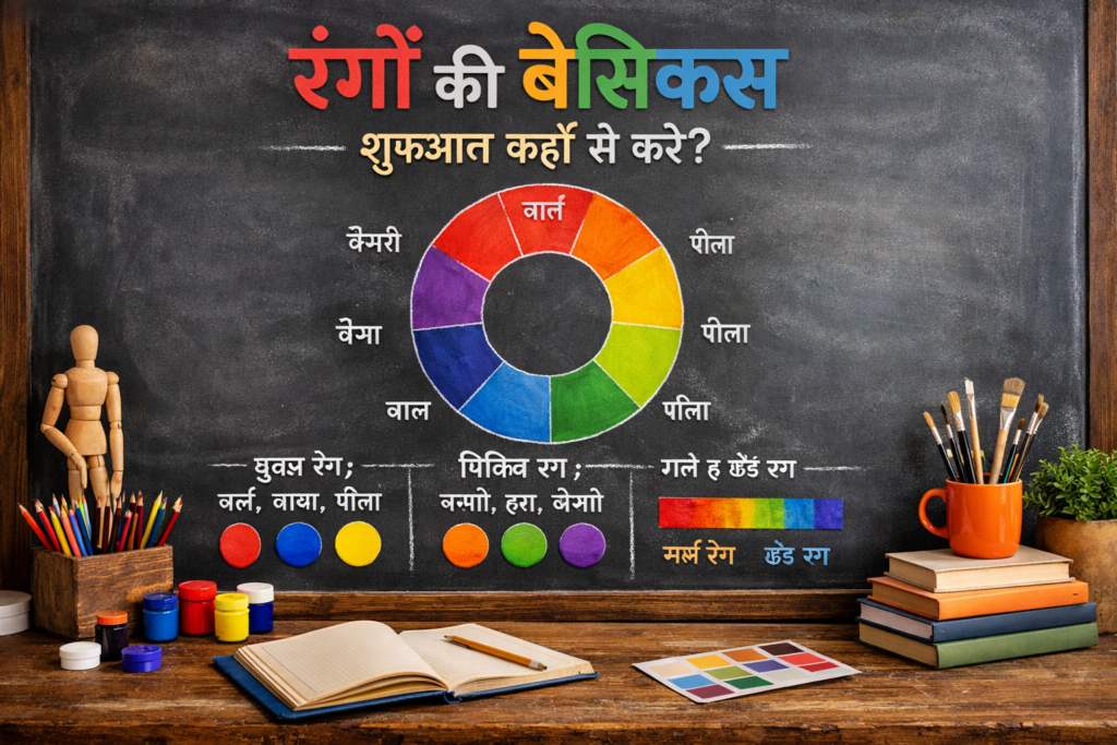 “A realistic classroom-style image showing a chalkboard with the Hindi title ‘Rangon Ki Basics — Shuruwat Kahan Se Karein?’ along with a colorful color wheel diagram, surrounded by art supplies like brushes, paints, pencils, and books on a wooden desk.”