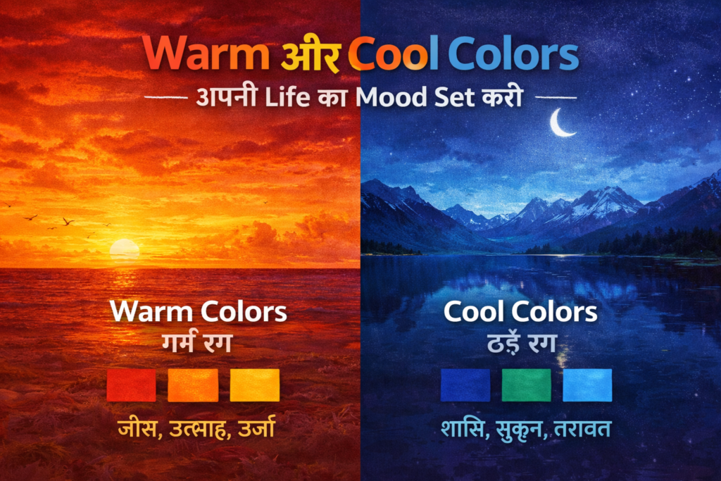 “A split-screen realistic image showing warm and cool colors. The left side features a bright sunset with red, orange, and yellow tones labeled as warm colors, while the right side shows a calm night landscape with blue and green tones labeled as cool colors, along with mood-related Hindi text.”