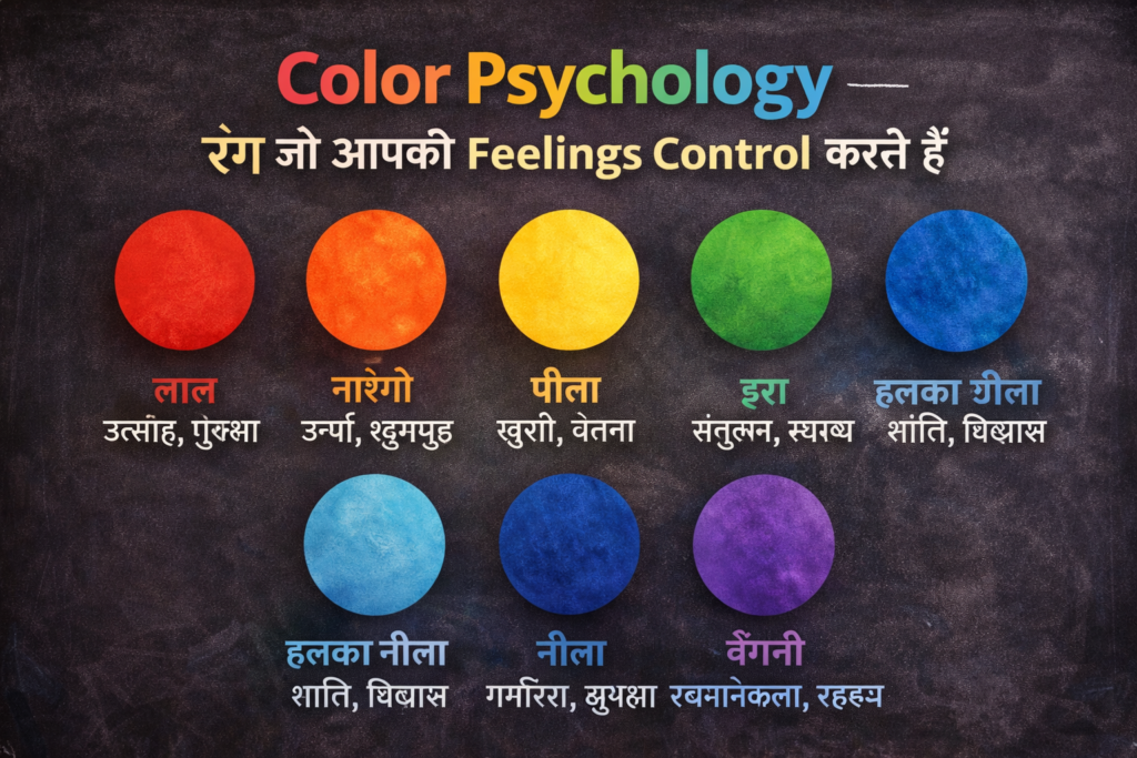 “A realistic educational image illustrating color psychology, showing different colors like red, blue, yellow, and green with associated human emotions such as happiness, calmness, energy, and trust, along with Hindi text explaining how colors influence feelings.”