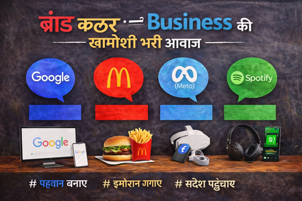 “A realistic business-themed image showing the concept of brand color, featuring a central logo or brand identity element surrounded by different color palettes, marketing icons, and design elements, with Hindi text explaining brand color importance.”