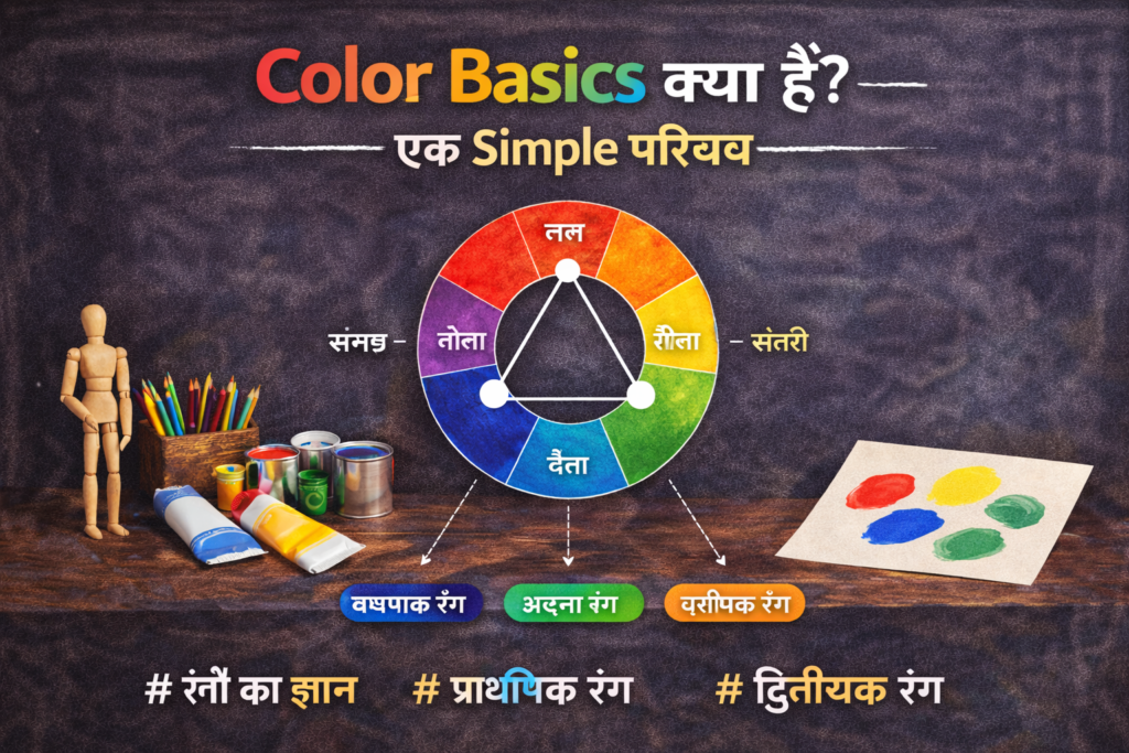 “A realistic educational image introducing color basics, featuring a color wheel with primary, secondary, and tertiary colors, along with simple visual elements and Hindi text explaining the concept.”
