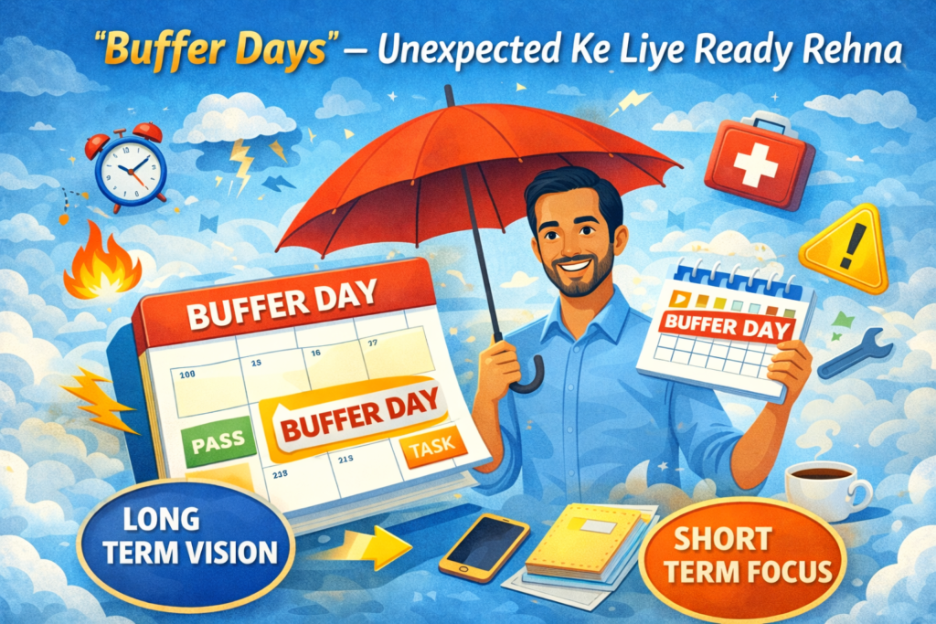 Illustration showing “Buffer Days” concept where a man prepares for unexpected events using a calendar and umbrella.
