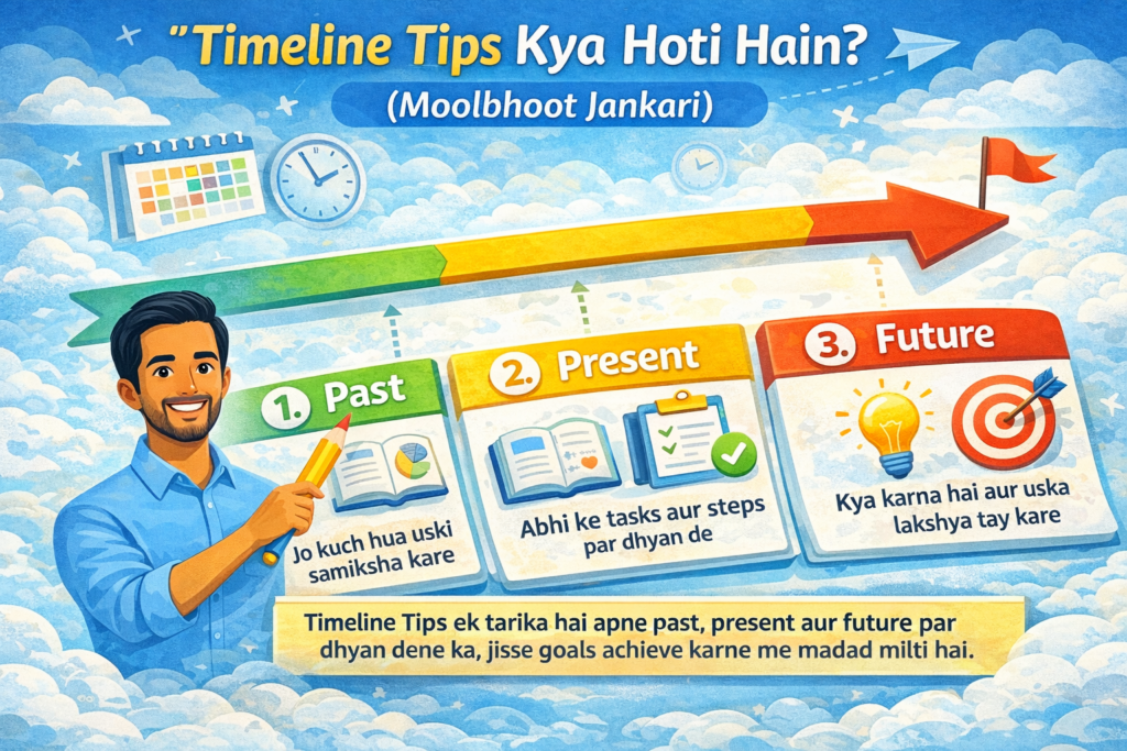 Infographic explaining “Timeline Tips Kya Hoti Hain?” with Past, Present, and Future segments for goal planning.