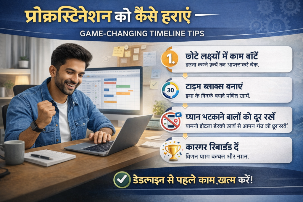 Ek young South Asian aadmi desk par laptop use karte hue khush nazar aa raha hai, jaise usne apna kaam complete kar liya ho. Screen par digital calendar aur task planner dikh raha hai. Side me Hindi me procrastination ko harane ke tips icons ke saath diye gaye hain, jaise chhote goals banana, time blocks set karna, distractions door rakhna aur rewards dena.