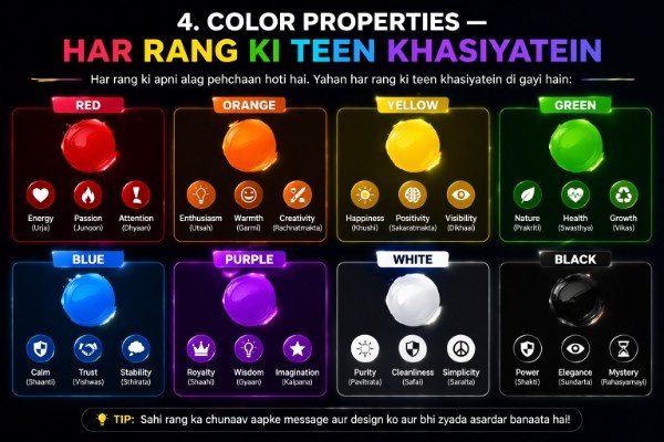 Color wheel illustration showing three main properties of color—hue, saturation, and brightness—using vibrant gradients and labeled visual examples.