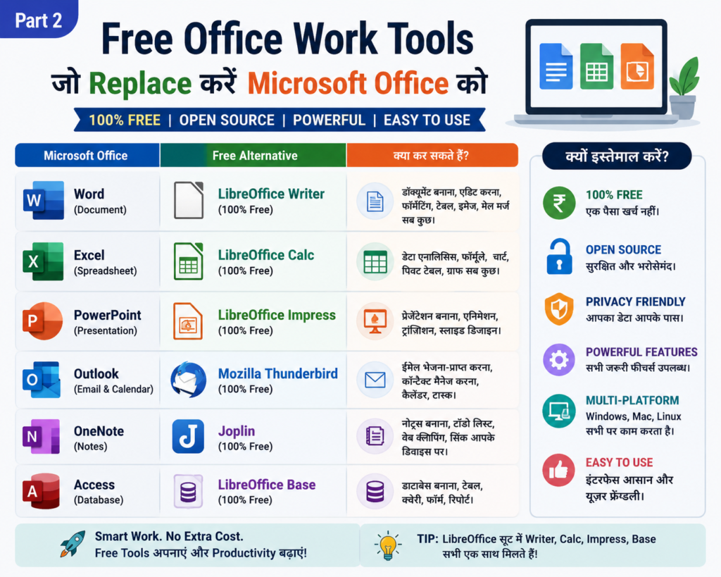 Free Office Work Tools comparison infographic showing Microsoft Office alternatives like LibreOffice Writer, Calc, Impress, Mozilla Thunderbird, Joplin, and LibreOffice Base with features such as 100% free, open source, privacy-friendly, and multi-platform support.