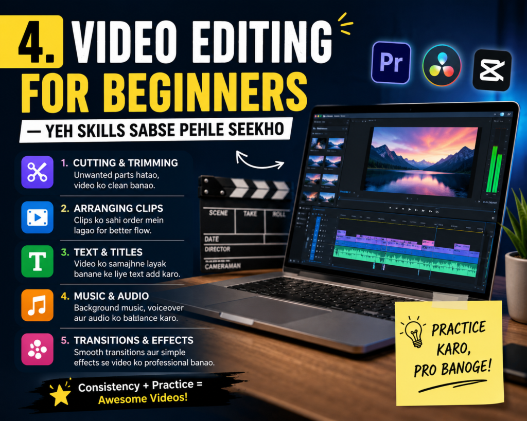 Video editing for beginners thumbnail showing a laptop with video editing software open, editing timeline visible, and bold title text “Video Editing for Beginners — Yeh Skills Sabse Pehle Seekho.” Side panel lists beginner skills like cutting & trimming, arranging clips, text & titles, music & audio, and transitions & effects. Includes icons for Adobe Premiere Pro, DaVinci Resolve, and CapCut.