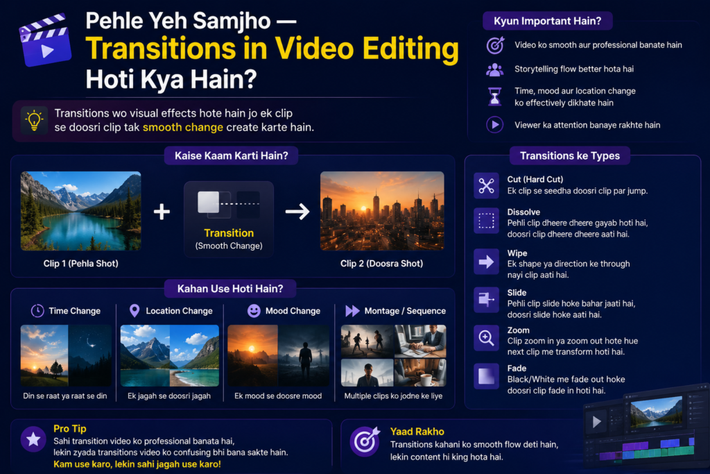 Video editing transitions par based Hindi infographic. Design mein do video clips ke beech smooth change ko visual examples ke saath dikhaya gaya hai. Infographic transitions ka meaning, unke types, uses aur importance ko simple language mein explain karta hai.