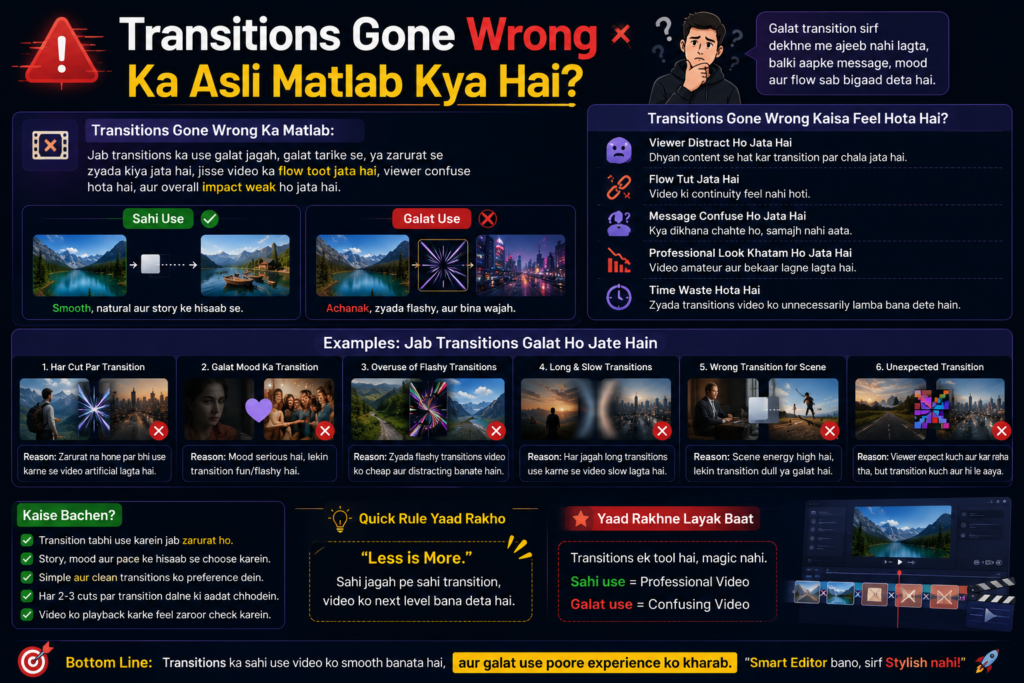 Video editing mistakes par based Hindi infographic. Design mein overused aur flashy transitions ke examples dikhaye gaye hain, jahan clips ke beech unnecessary effects video flow ko disturb kar rahe hain. Visuals professional editing aur distracting transitions ke contrast ko highlight karte hain.