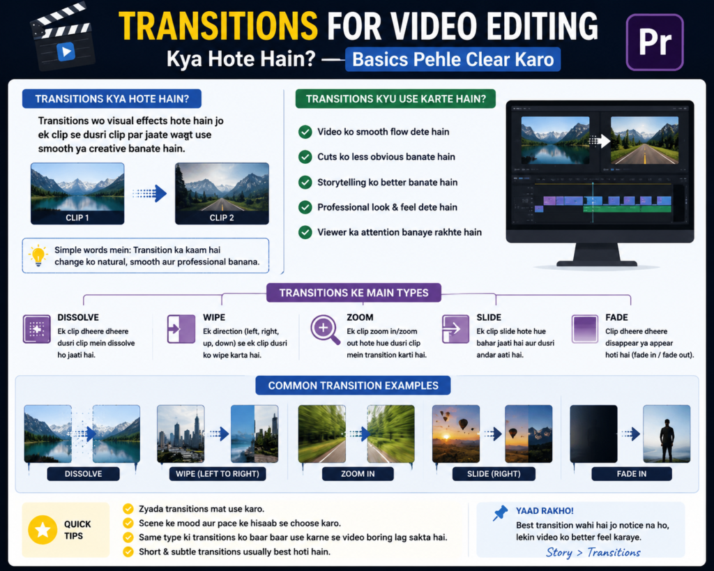Ek educational thumbnail-style illustration jo “Transitions for Video Editing Kya Hote Hain? — Basics Pehle Clear Karo” topic ko explain karti hai. Screen par do video clips ke beech smooth transition effects (fade, dissolve, swipe aur zoom) dikhaye gaye hain. Ek beginner video editor timeline par kaam kar raha hai aur arrows transition flow ko represent kar rahe hain. Modern workspace, editing interface aur clean visual design beginners ko concept samjhane ke liye banaya gaya hai.