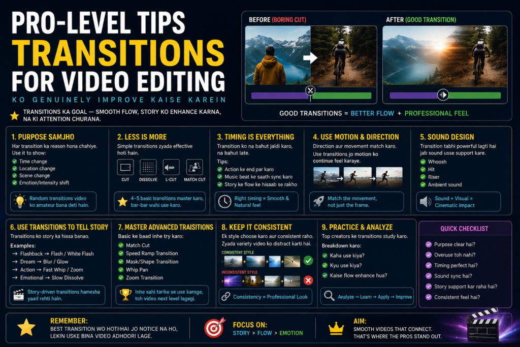 Ek detailed infographic jo "Pro-Level Tips — Transitions for Video Editing Ko Genuinely Improve Kaise Karein" topic ko explain karta hai. Design dark background ke saath professional editing theme mein hai. Ismein purpose samajhna, less is more approach, timing, motion matching, sound design, storytelling, advanced transitions, consistency aur practice analysis jaise 9 pro-level sections dikhaye gaye hain. Upar before vs after transition comparison diya gaya hai aur side mein quick checklist aur video editing icons present hain.