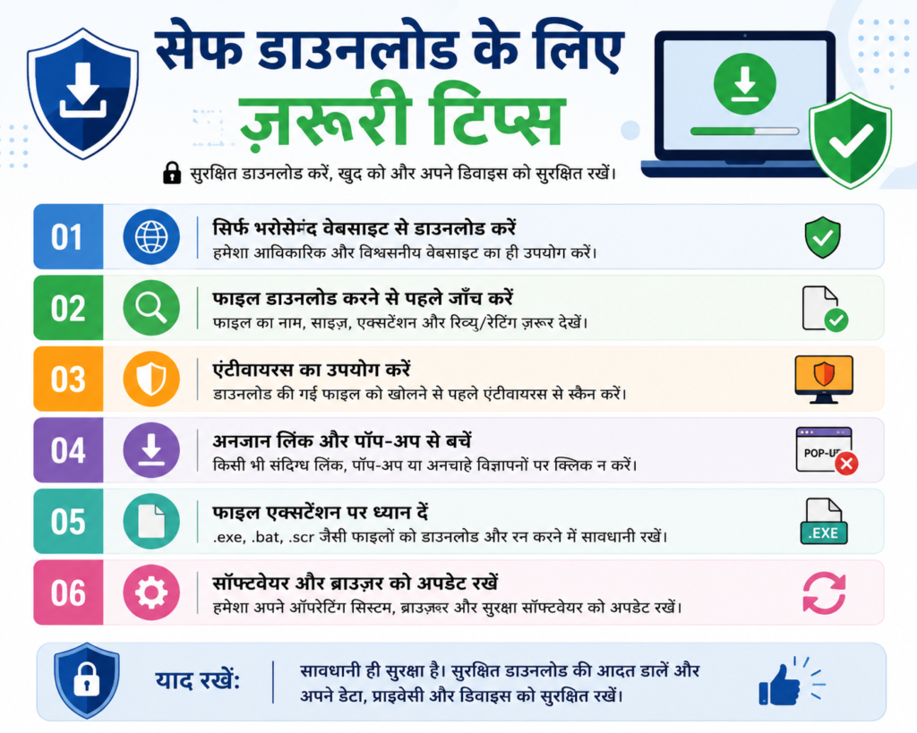 Hindi infographic titled “Safe Download Ke Liye Zaroori Tips” showing six essential download safety practices. The design features security shields, download icons, antivirus symbols, file extension warnings, and update reminders. Tips include downloading only from trusted websites, checking files before downloading, using antivirus software, avoiding suspicious links and pop-ups, paying attention to file extensions, and keeping software updated. The layout uses colorful numbered sections with a clean and professional cybersecurity theme.