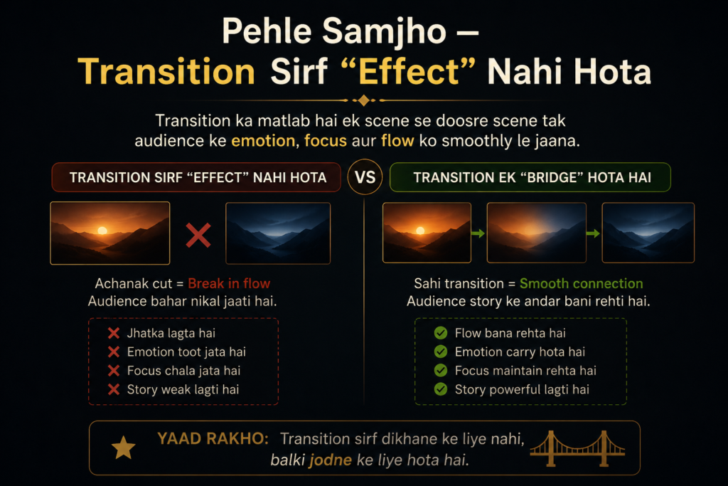 Dark cinematic infographic explaining that transitions are not just visual effects but a storytelling bridge that smoothly connects scenes, emotions, focus, and narrative flow.