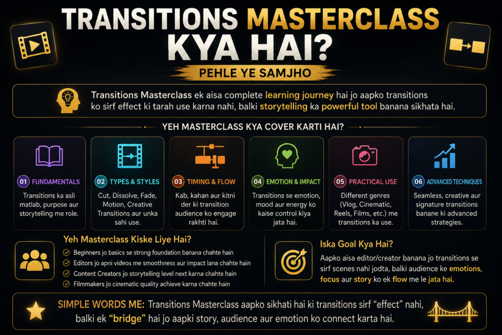 Dark cinematic infographic titled “Transitions Masterclass Kya Hai? (Pehle Ye Samjho)” explaining the fundamentals, types, timing, storytelling impact, practical uses, and advanced transition techniques in video editing.